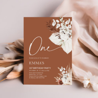 Einladung zum 1. Geburtstag Terracotta Boho Pampas
