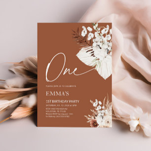 Einladung zum 1. Geburtstag Terracotta Boho Pampas