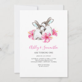 Einladung zum 1. Geburtstag Twins Girl Pink Woodla