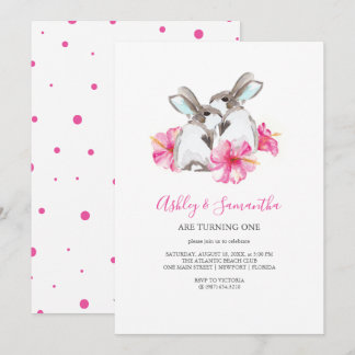 Einladung zum 1. Geburtstag Twins Girl Pink Woodla