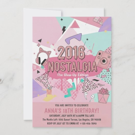 Einladung zum 2016 Nostalgie-Glow-Up-Geburtstag (Vorderseite)