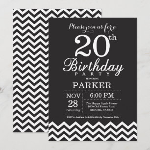 Einladung zum 20. Geburtstag Schwarz-Weiß-Chevron