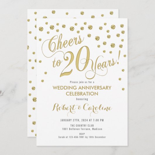 Einladung zum 20. Hochzeitstag - Gold & Weiß (Vorne/Hinten)