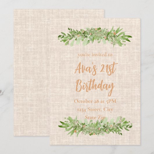 Einladung zum 21. Geburtstag - Linengrün | zwanzig (Vorne/Hinten)