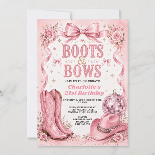 Einladung zum 21. Geburtstag mit Boots & Bows (Vorderseite)