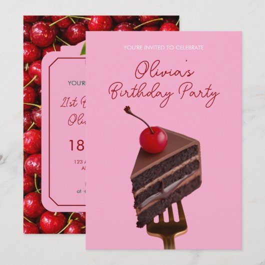 Einladung zum 21. Geburtstag mit Pink Choco Cherry (Vorne/Hinten)