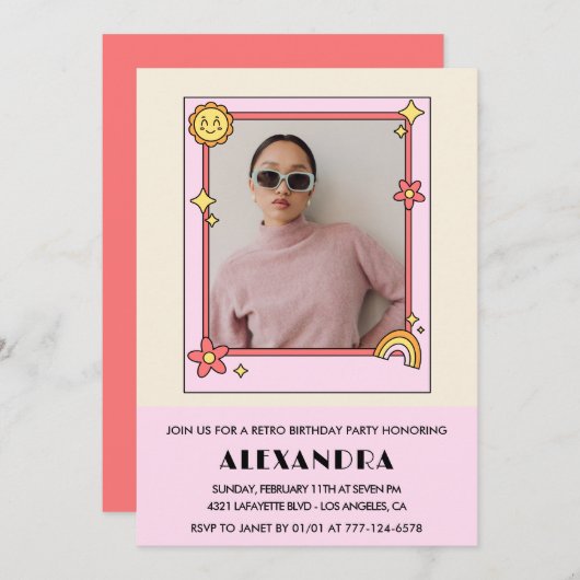 Einladung zum 21. Geburtstag Retro Groovy Pink Blu (Vorne/Hinten)