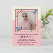 Einladung zum 25. Geburtstag Retro Groovy Pink Blu (Stehend Vorderseite)