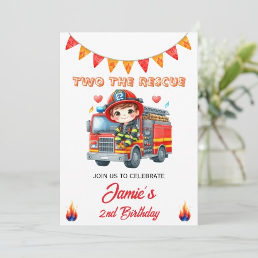 Einladung zum 2. Geburtstag mit Feuerwehrauto "Two (Stehend Vorderseite)