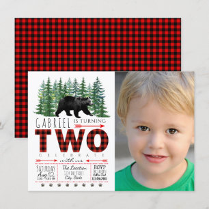 Einladung zum 2. Geburtstag mit Holzfäller-Bär-Fot