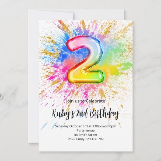 Einladung zum 2. Geburtstag mit Regenbogen-Farbspr (Vorderseite)