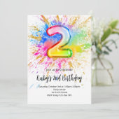 Einladung zum 2. Geburtstag mit Regenbogen-Farbspr (Stehend Vorderseite)