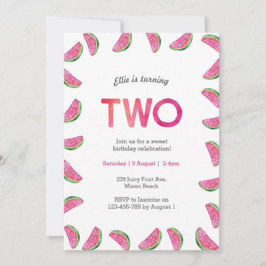 Einladung zum 2. Geburtstag | Rosa Wassermelone (Vorderseite)