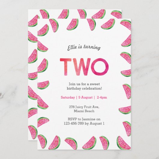 Einladung zum 2. Geburtstag | Rosa Wassermelone (Vorne/Hinten)