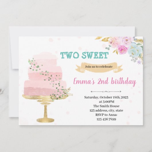 Einladung zum 2. Geburtstag von Kuchen (Vorderseite)