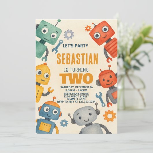 Einladung zum 2. Geburtstag von Robot (Stehend Vorderseite)