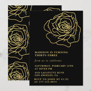 Einladung zum 33. Geburtstag Gold Schwarz Blumen