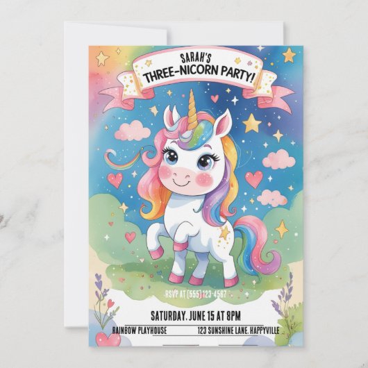 Einladung zum 3. Geburtstag - Einhorn (Vorderseite)