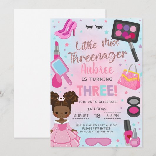 Einladung zum 3. Geburtstag für ein Threenager-Mäd (Vorne/Hinten)