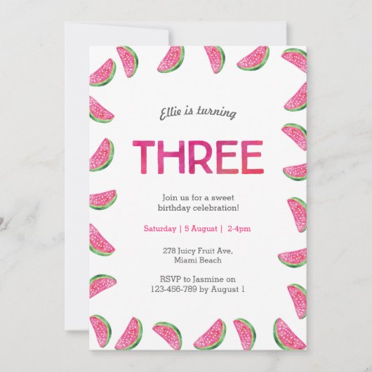 Einladung zum 3. Geburtstag | Rosa Wassermelone (Vorderseite)