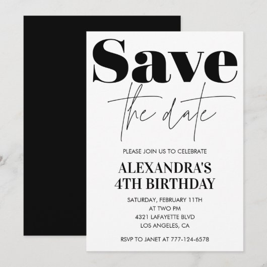 Einladung zum 4. Geburtstag Save the Date Schwarz- (Vorne/Hinten)
