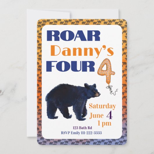 Einladung zum 4. Geburtstag von Roar Four Bear (Vorderseite)