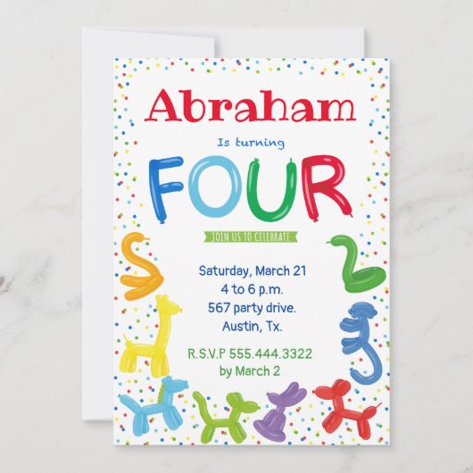 Einladung zum 4. Geburtstag von Tierballons (Vorderseite)