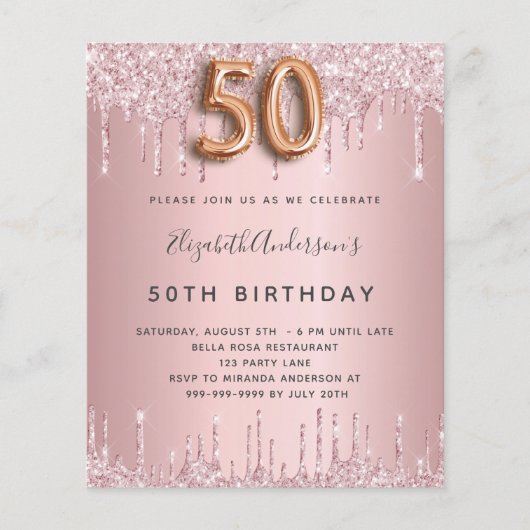 Einladung zum 50. Geburtstag mit rosa dusty rose-T (Vorderseite)