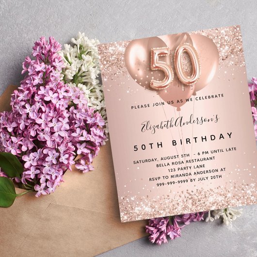 Einladung zum 50. Geburtstag Rose Goldballons