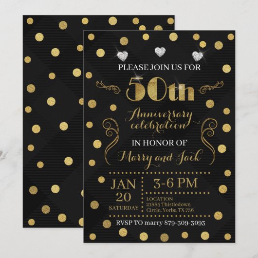 Einladung zum 50. Hochzeitstag - Black & Gold (Vorne/Hinten)