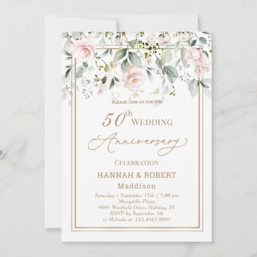 Einladung zum 50. Hochzeitstag Weißrosa Rosen zum  (Vorderseite)