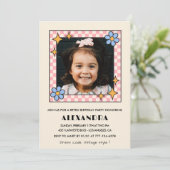 Einladung zum 6. Geburtstag Retro Groovy Blue Flor (Stehend Vorderseite)