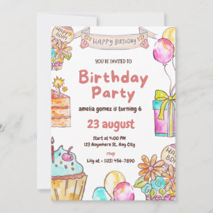 Einladung zum 6. Geburtstag Rosa Wasserfarben für