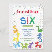 Einladung zum 6. Geburtstag von Tierballons (Vorderseite)