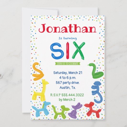 Einladung zum 6. Geburtstag von Tierballons (Vorderseite)