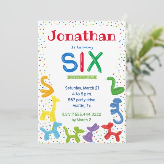 Einladung zum 6. Geburtstag von Tierballons (Stehend Vorderseite)