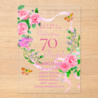 Einladung zum 70. Geburtstag mit rosa Rosenband