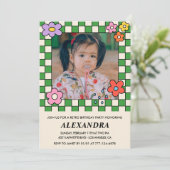 Einladung zum 7. Geburtstag Retro Groovy Blume (Stehend Vorderseite)