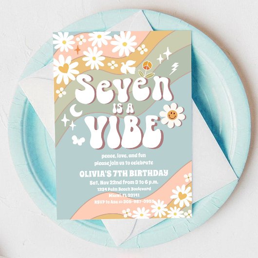 Einladung zum 7. Geburtstag - Retro Regenbogen