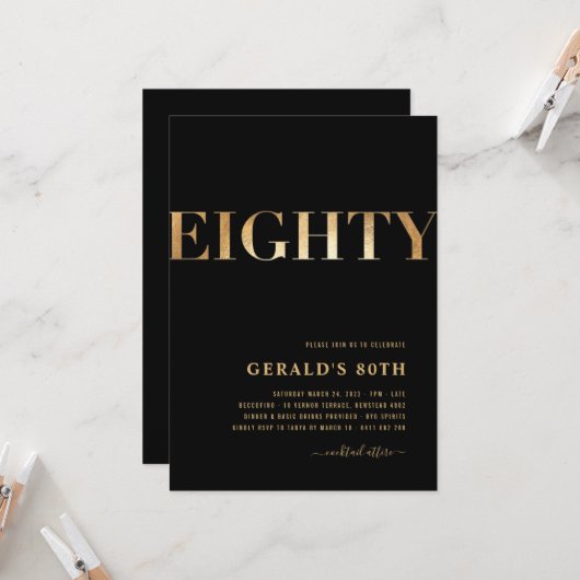 Einladung zum 80. Geburtstag | Schwarz & Gold | fü (Vorderseite/Rückseite Beispiel)