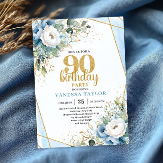 Einladung zum 90. Geburtstag mit Wasserfarbenblaue