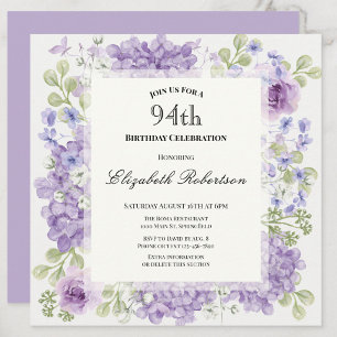 Einladung zum 94. Geburtstag Elegante lila Blumen