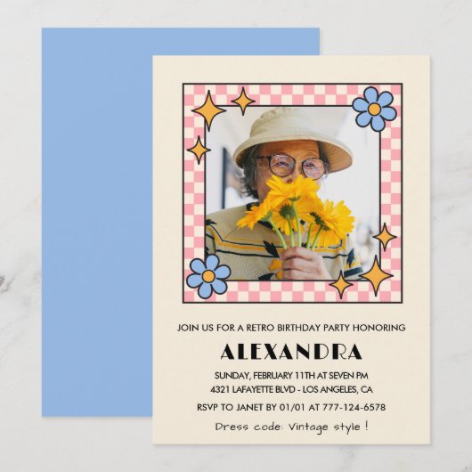 Einladung zum 95. Geburtstag Retro Groovy Blue Flo (Vorne/Hinten)