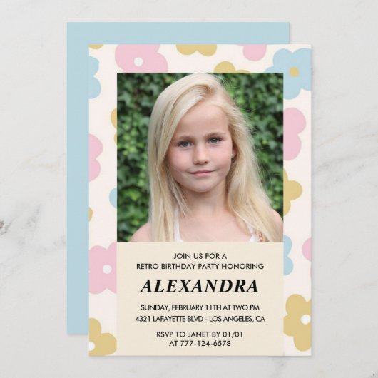 Einladung zum 9. Geburtstag Retro Groovy Blume Nie (Vorne/Hinten)