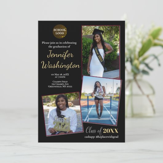 Einladung zum Abschluss von schwarzem Foto (Stehend Vorderseite)