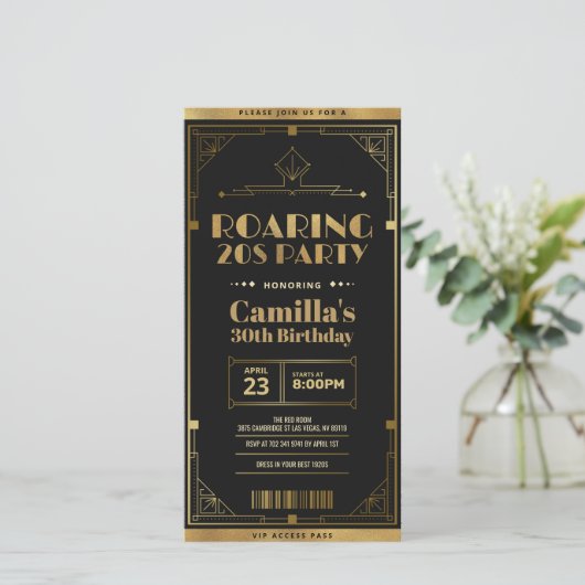 Einladung zum Art Deco Roaring 20s Ticket (Stehend Vorderseite)