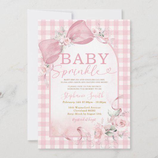 Einladung zum Baby Sprinkle mit rosa Gingham-Schle (Vorderseite)