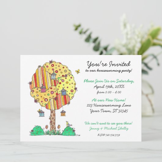 Einladung zum Birdhouse Tree Housewarming (Stehend Vorderseite)