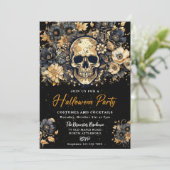 Einladung zum Black and Gold Skull Halloween-Party (Stehend Vorderseite)