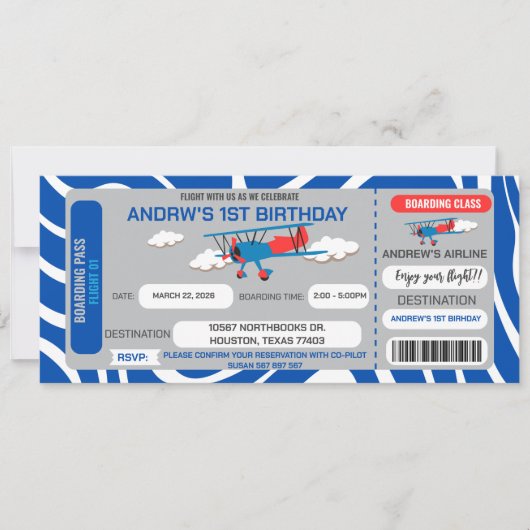 Einladung zum Blue Airplane Ticket Geburtstag Part (Vorderseite)